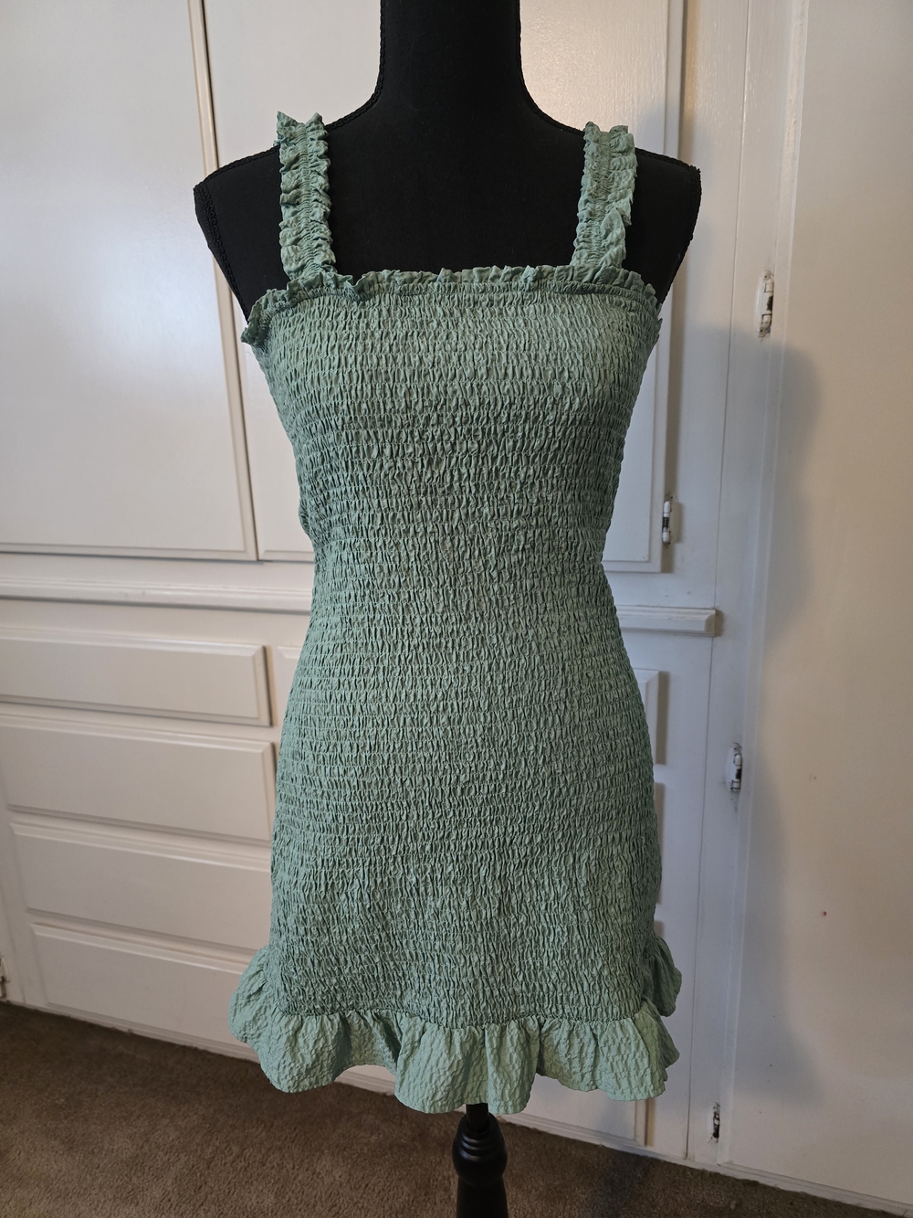 Like New Zara Teal Green Smocked Ruffle Strap Mini Dress